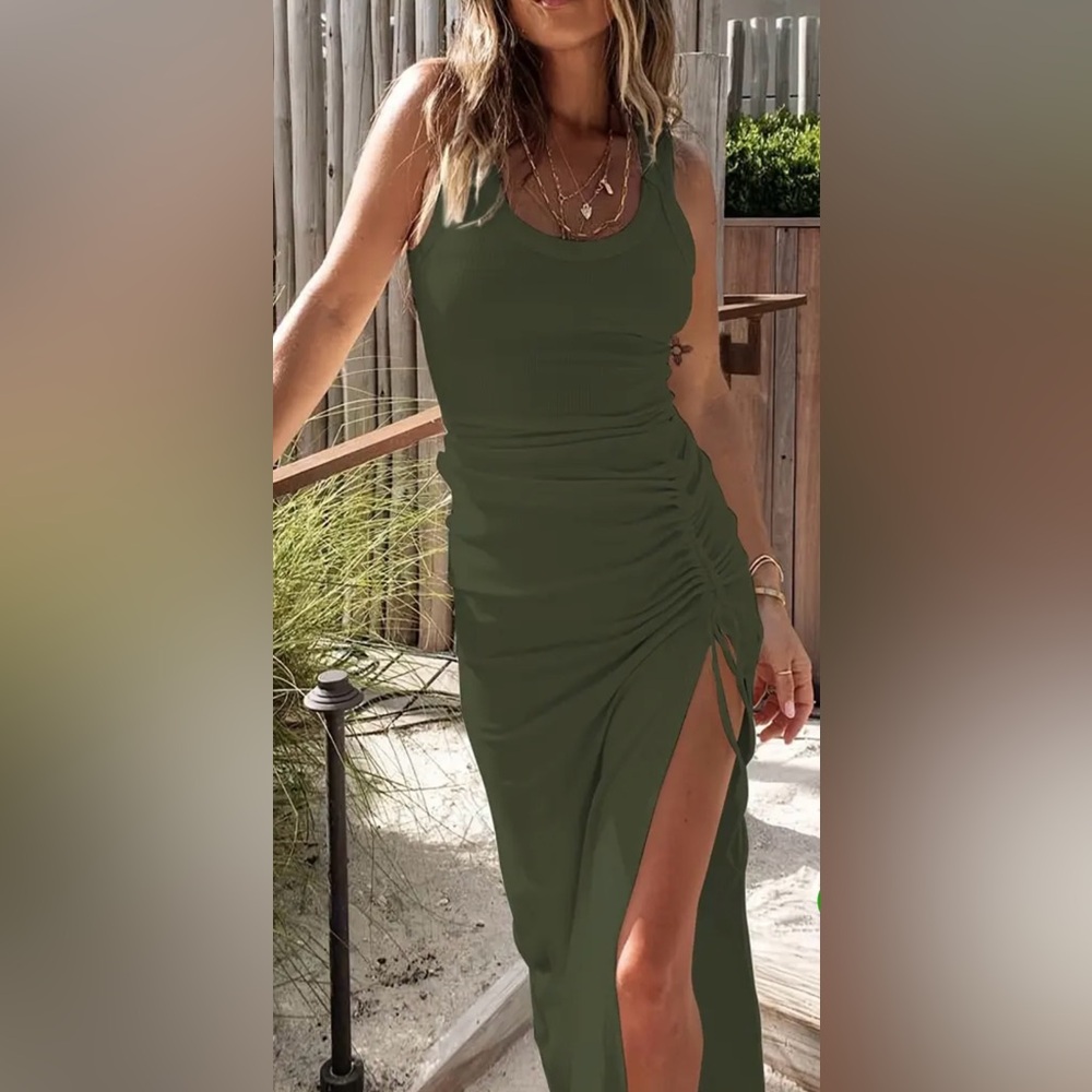 ChicMe Olive Green Sleeveless Maxi Dress with Adjustable Side Slit